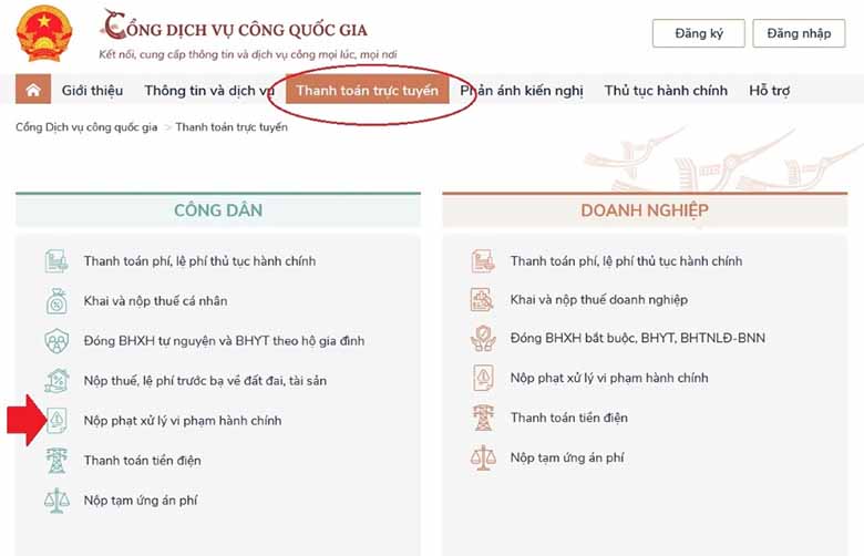Nộp phạt nguội online trên Cổng Dịch vụ công Quốc gia